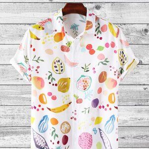 Vintage Fruit Hawaiian Island Button Down Multi-Color Tropical Short Sleeve